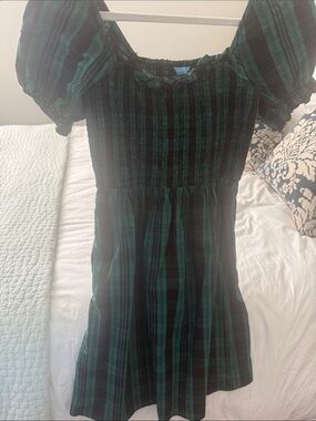 Draper James Green and Black Plaid Puff-Sleeve Dress